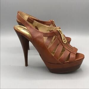 Michael Kors Camel Leather Caged Heels Size 8.5 Zipper Front Sandals